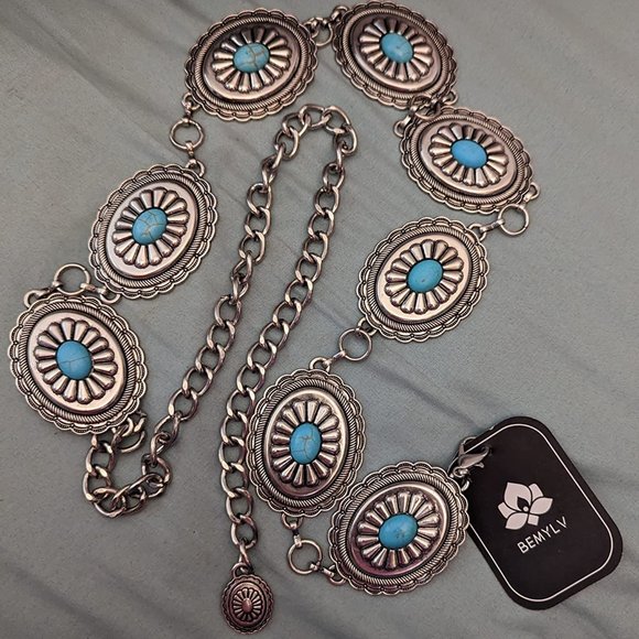 Metal concho chain belt turquoise main image 11